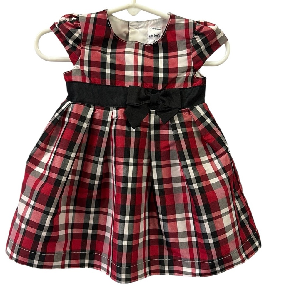 Carters Red Plaid Taffeta Lined Bow Front Cap Sleeve Button Back Dress 6 Months